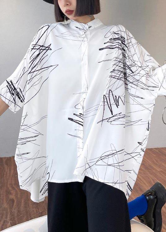White Print Button Low High Design Cotton Blouses Fall