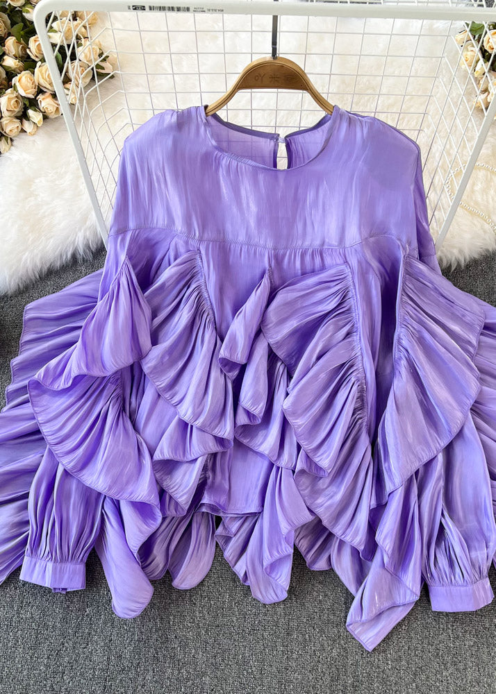 Purple O-neck Asymmetrical Button Silk Top Long Sleeve