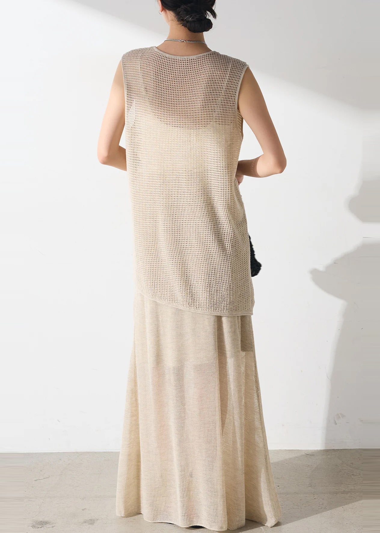 Beige Asymmetrical Hollow Out Tulle Two Piece Set Outfits Sleeveless