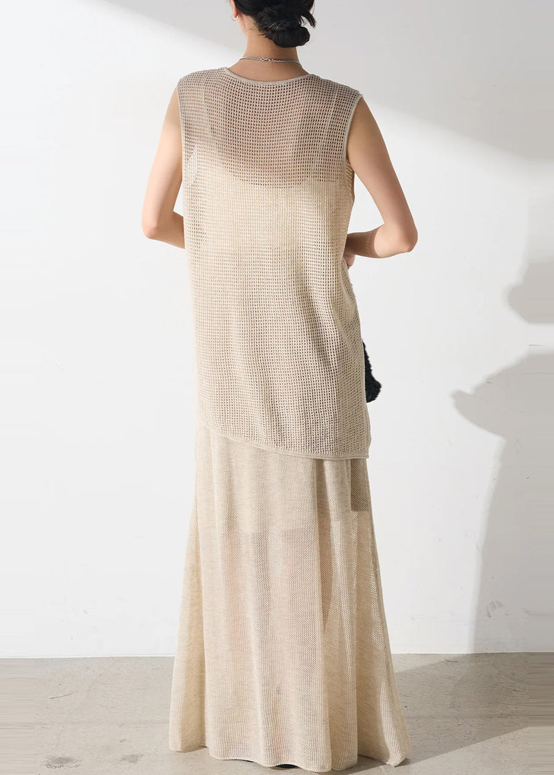 Beige Asymmetrical Hollow Out Tulle Two Piece Set Outfits Sleeveless