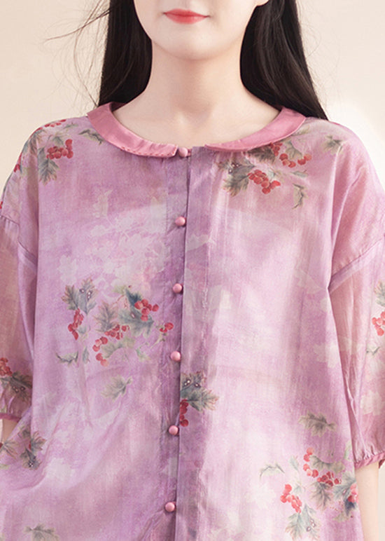 Purple Peter Pan Collar Print Patchwork Linen Shirt Tops Summer