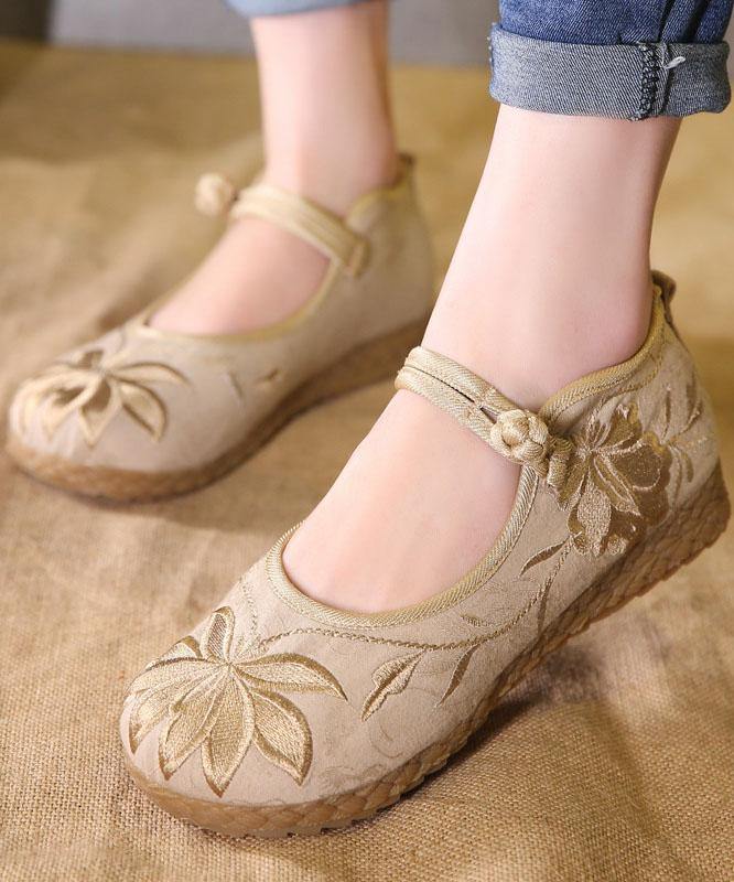 Buckle Strap Flat Feet Shoes Green Embroideried Cotton Fabric