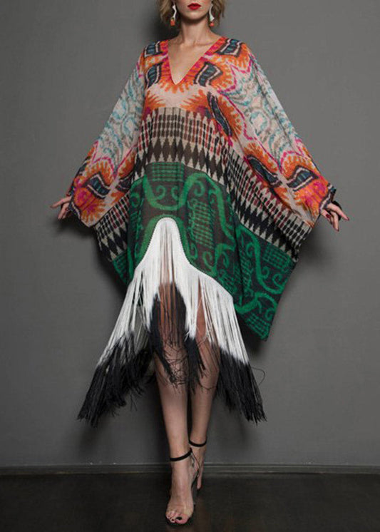 Novelty White V Neck Asymmetrical Print Tassel Patchwork Long Dress Long Sleeve
