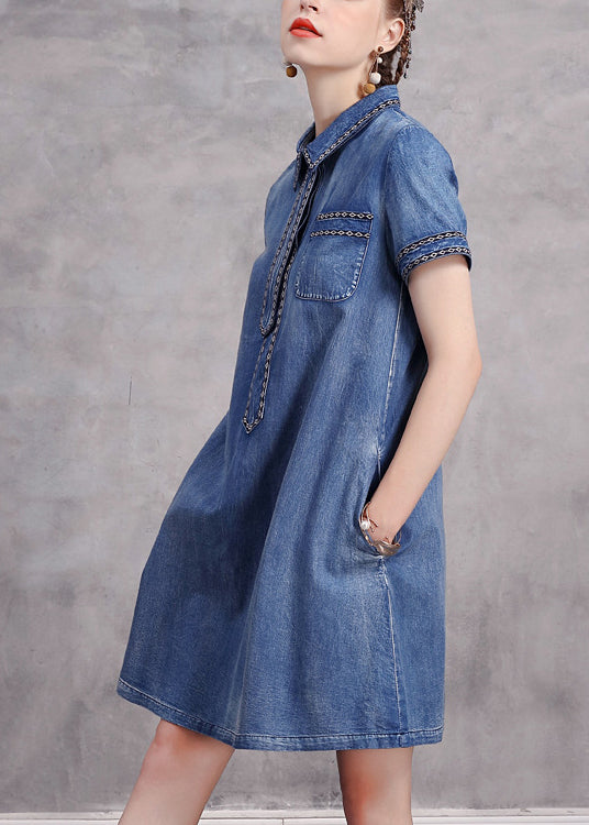 Blue Peter Pan Collar Necktie Embroideried Cotton Denim Dresses Short Sleeve
