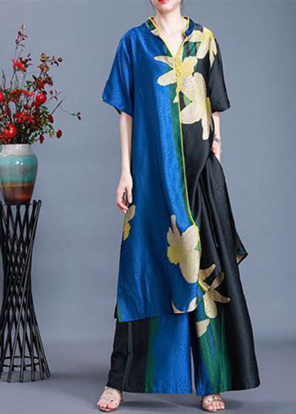 Blue Side Open V Neck Patchwork Chiffon Two Pieces Set Summer