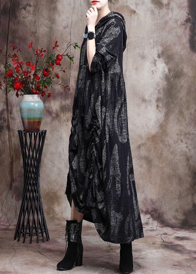 Hoodie Baggy Maxi Dresses Black Print Long Dresses