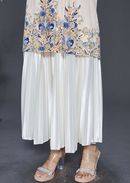 Boutique Apricot Mandarin Collar Print Silk Dress and Pleated Skirt Two Pieces Set Spring