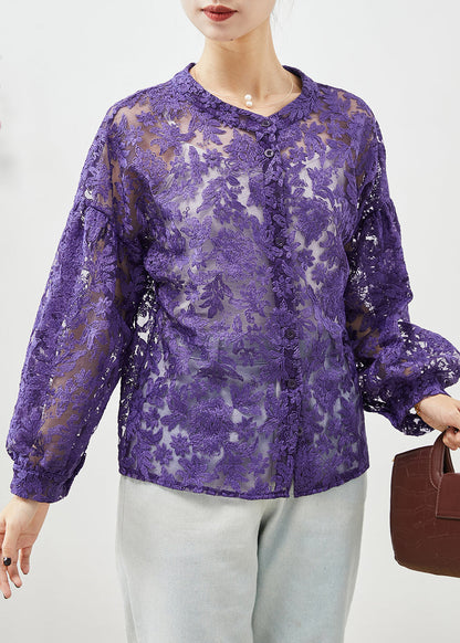 Purple Embroideried Hollow Out Lace Shirts Fall