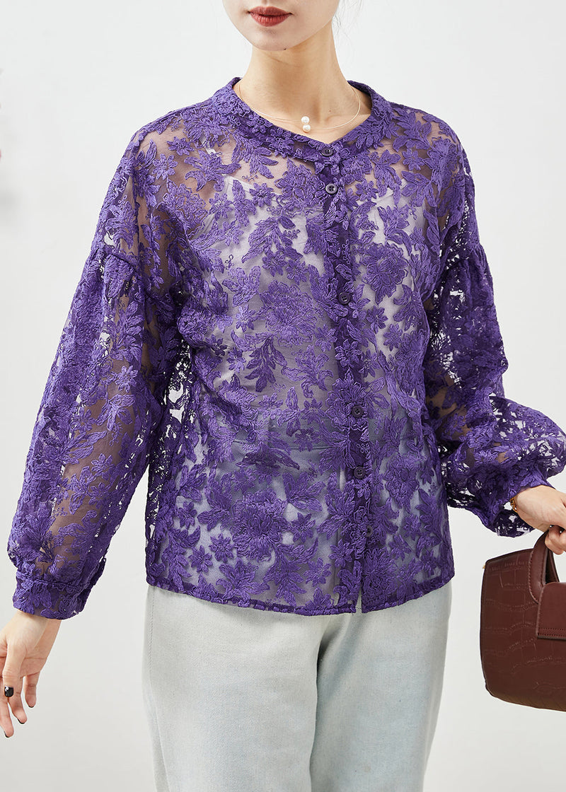 Purple Embroideried Hollow Out Lace Shirts Fall