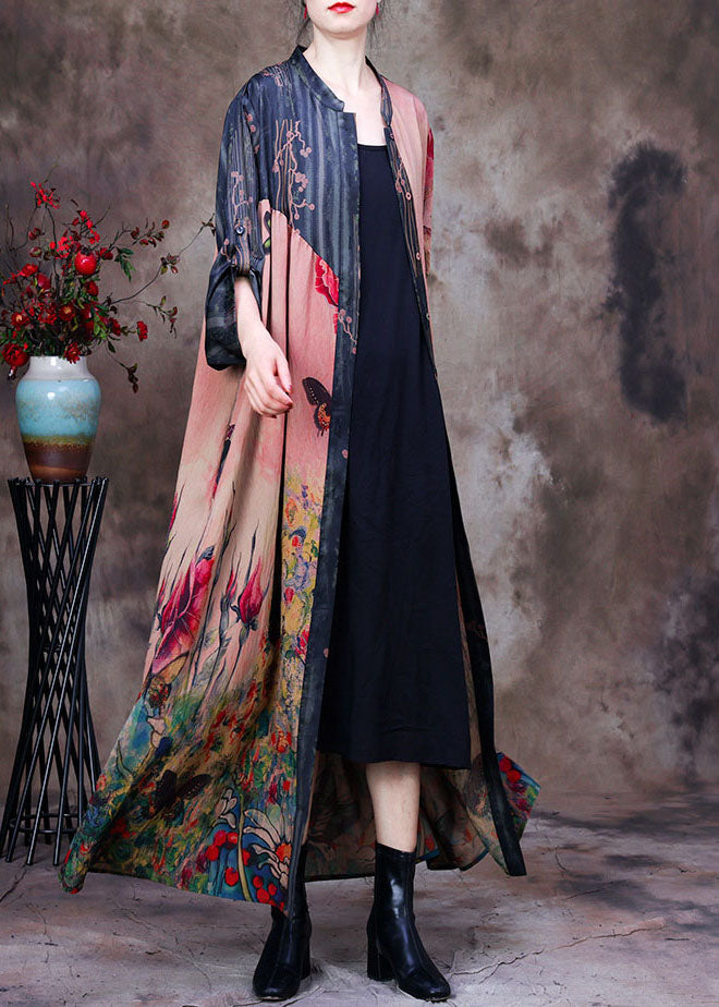 Colorblock Stand Collar Pockets Patchwork Silk Trench Coats Long Sleeve