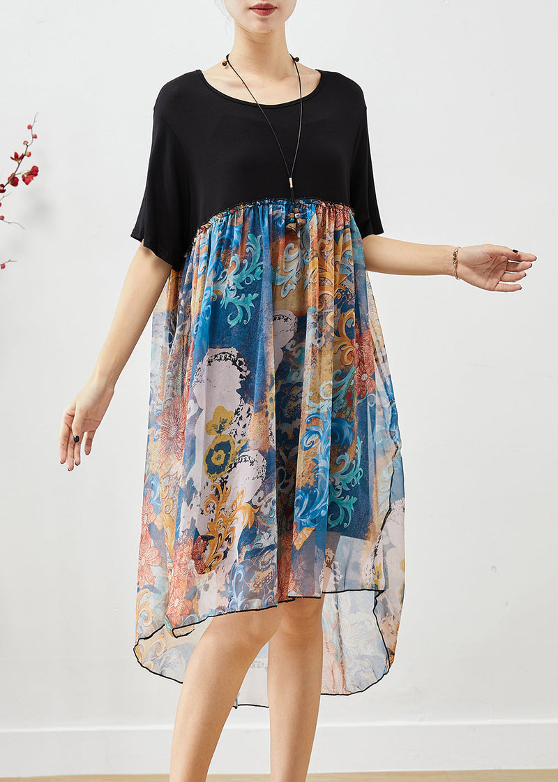 Loose Black O-neck Patchwork Print Chiffon Beach Dress Summer