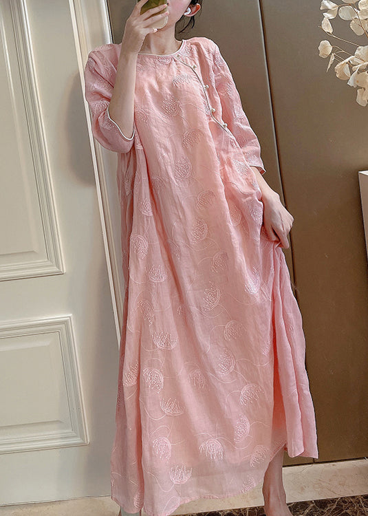 Pink Embroidered Button Linen Two-piece Set Half Sleeve