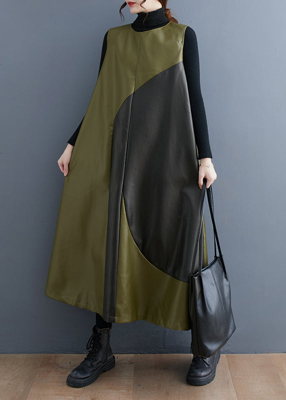 Army Green Asymmetrical Patchwork Faux Leather Long Dresses Sleeveless