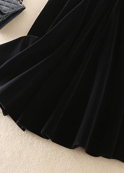 Art Black Zip Up Silk Velour a Line Skirts Spring