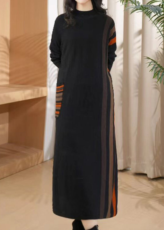 Black O-neck Striped Patchwork Thick Cotton Knit Long Dress Winter