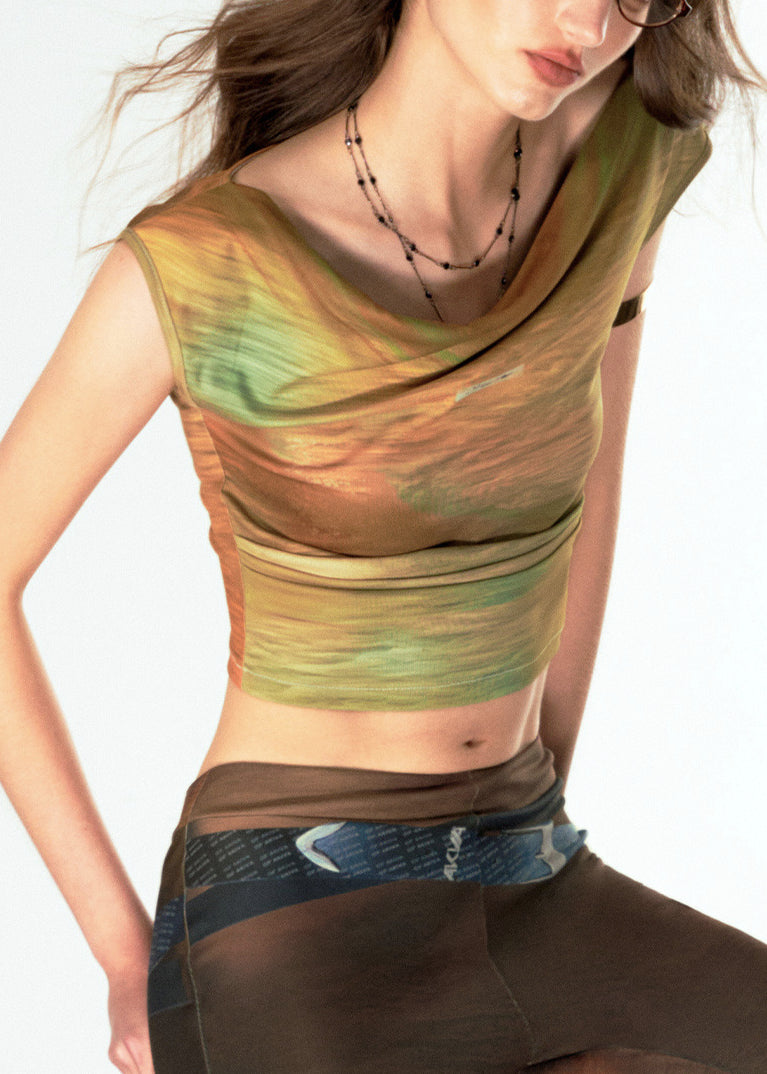 Novelty Green O-neck Print Vest Sleeveless