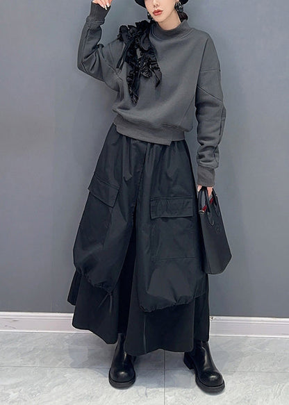 Stylish Grey Ruffled Sweatshirt and Black Skirts Cotton Two Piece Set Fall