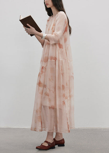 Boutique Pink O-neck Print Patchwork Silk Dresses Summer
