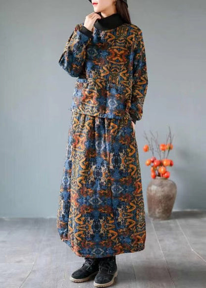 Green Print Pockets Tops and Skirts Cotton Two Piece Set Fall