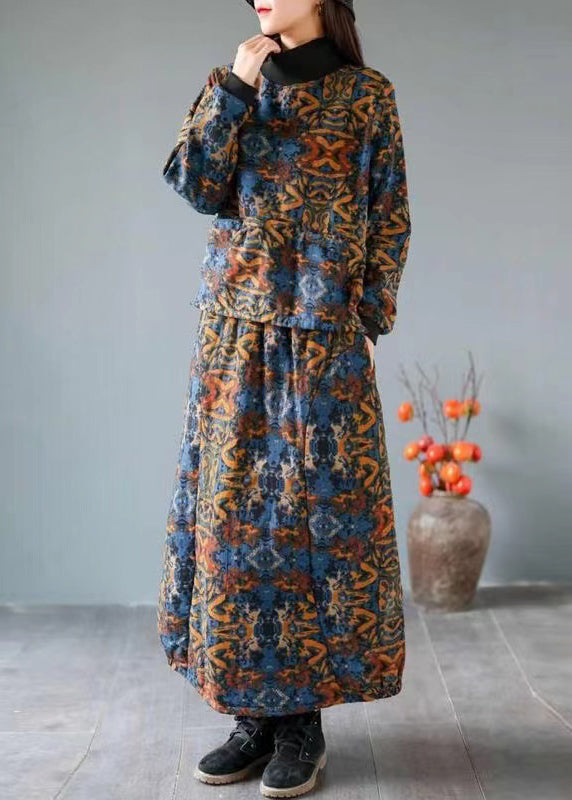 Green Print Pockets Tops and Skirts Cotton Two Piece Set Fall