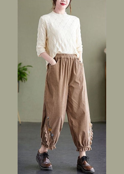 Khaki Embroideried Patchwork Lace Warm Fleece Corduroy Crop Pants Spring