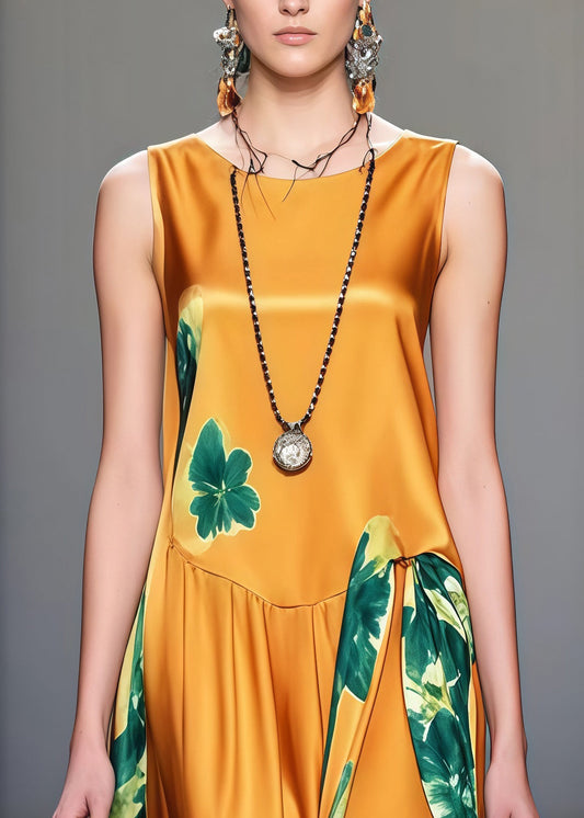 Yellow Print Draping Silk Maxi Dresses Sleeveless