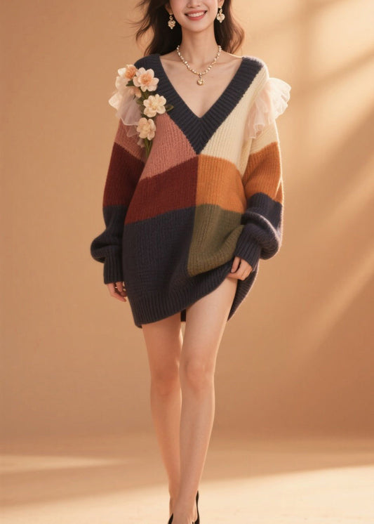Diy Colorblock V Neck Ruffled Knit Sweater Dress Fall