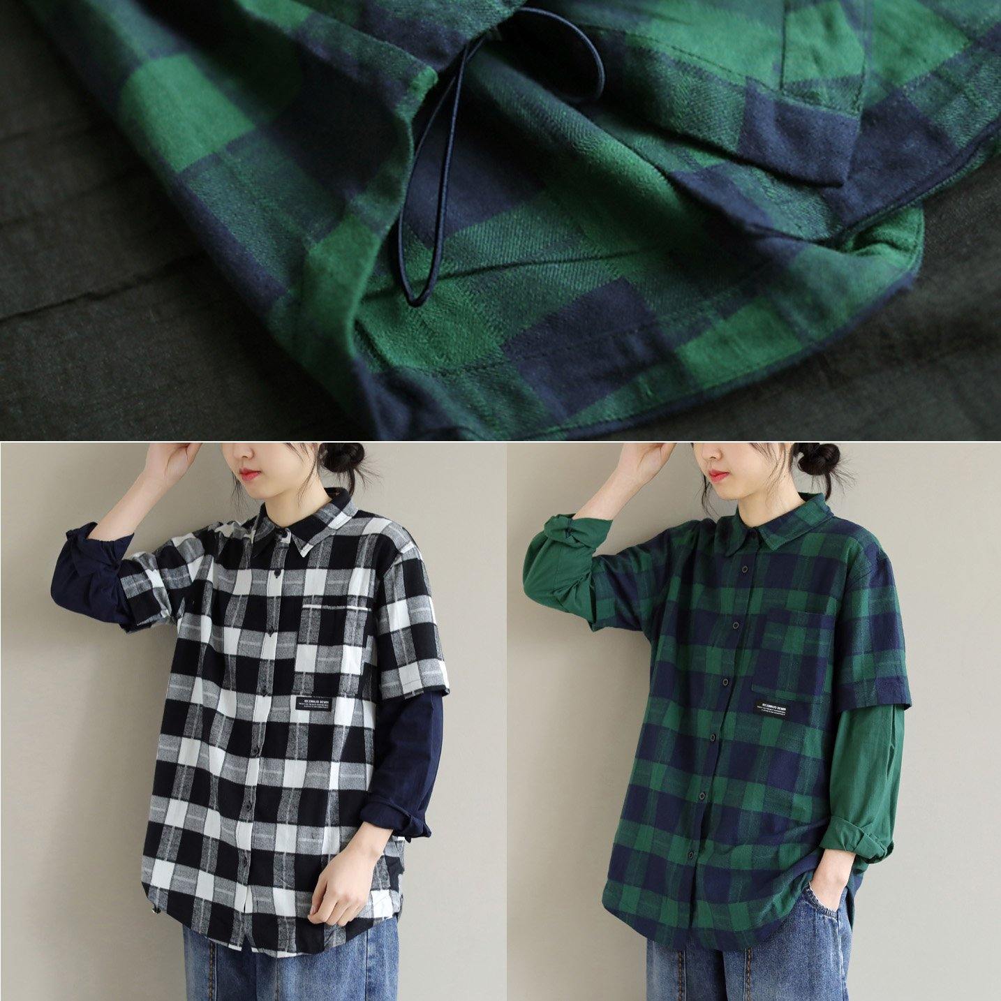 French Blue Green Plaid Tops Blouses Lapel False Two Pieces Shirts