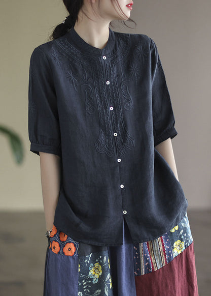 Navy Cotton Shirts Stand Collar Embroideried Half Sleeve