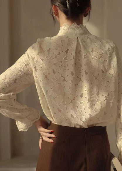 French Beige Stand Collar Lace Warm Fleece Top Long Sleeve
