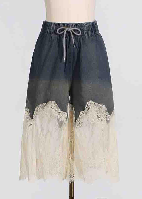 Navy Lace Patchwork Denim Vests and Skirts Two Pieces Set Summer