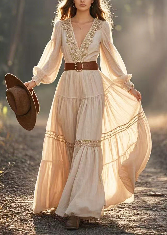 Beige Cinched Fuzzy Ball Decorated Exra Large Hem Dresses Spring