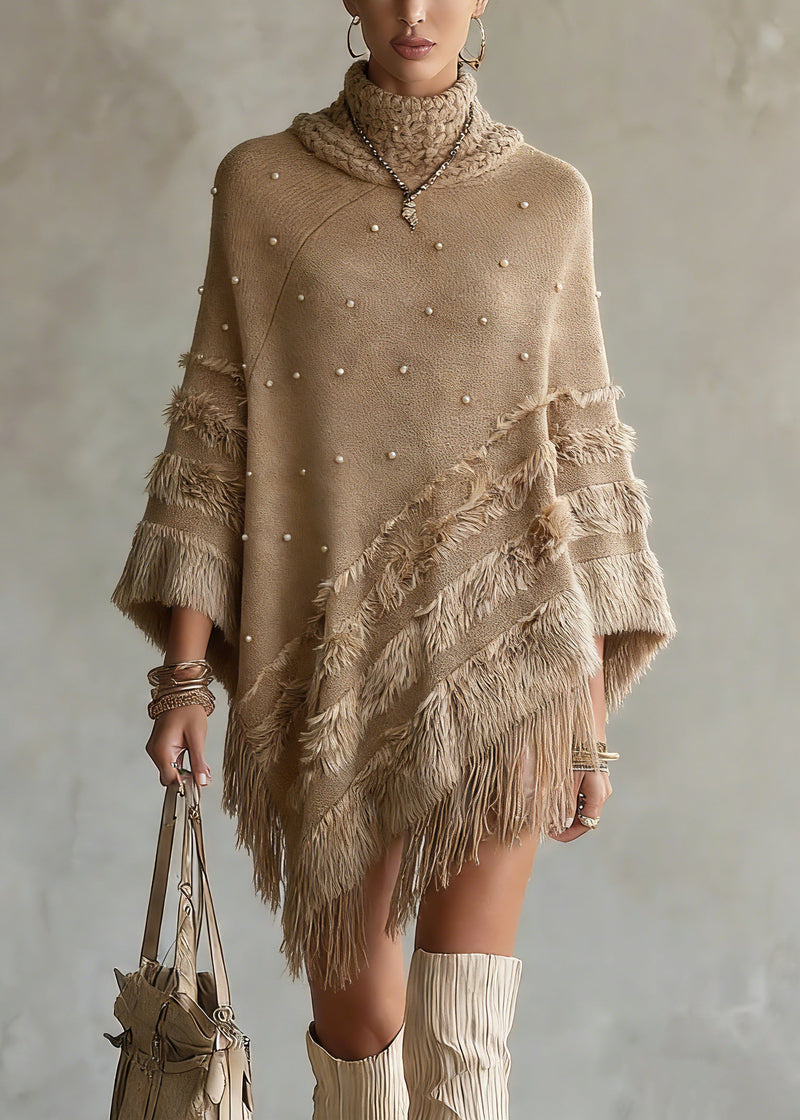 Classy Khaki Asymmetrical Nail Bead Cotton Knit Sweaters Spring