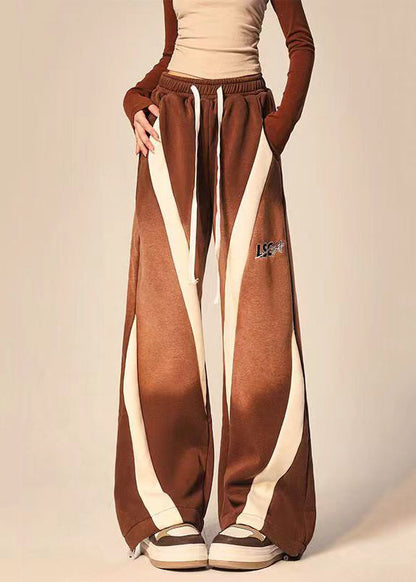 Brown Pockets Patchwork Elastic Waist Warm Fleece Wide Leg Pants Spring
