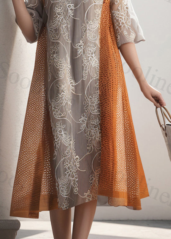 Orange O Neck Print Patchwork Silk Dresses Summer