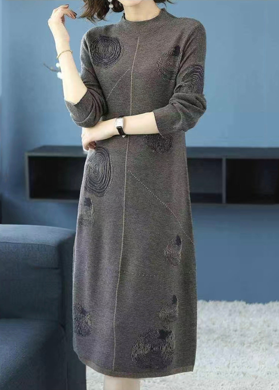 Grey Turtleneck Patchwork Cotton Knit Dress Fall