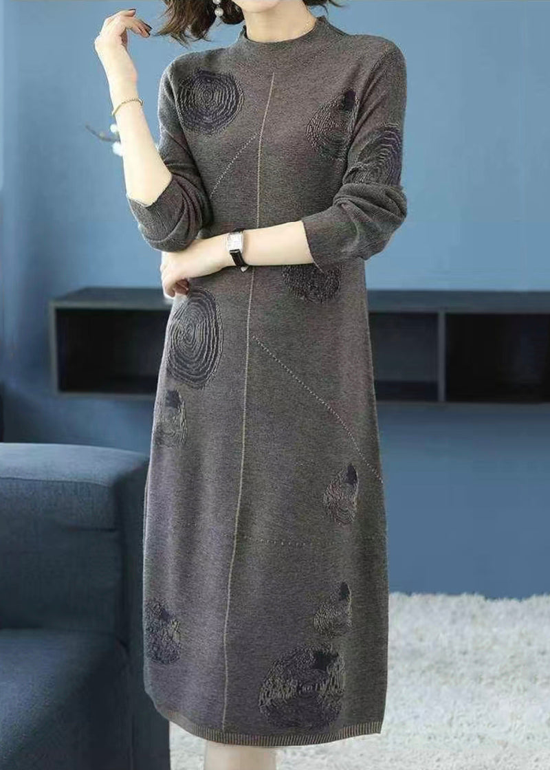 Grey Turtleneck Patchwork Cotton Knit Dress Fall