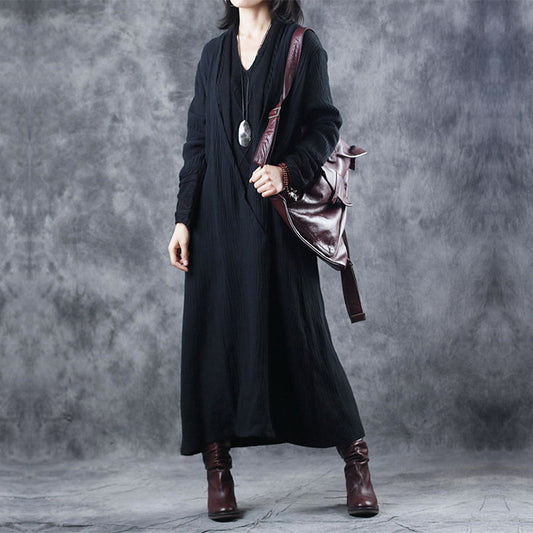 Black V Neck Patchwork Pockets Fall Dresses Long Sleeve