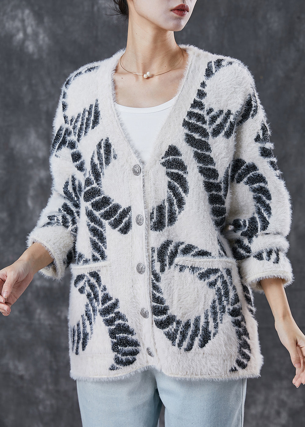 Black V Neck Print Knit Loose Coat Spring