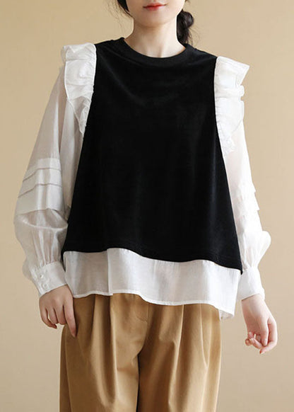 Unique Black White O-neck Ruffles Patchwork Cotton Fake Two Piece Shirt Long Sleeve