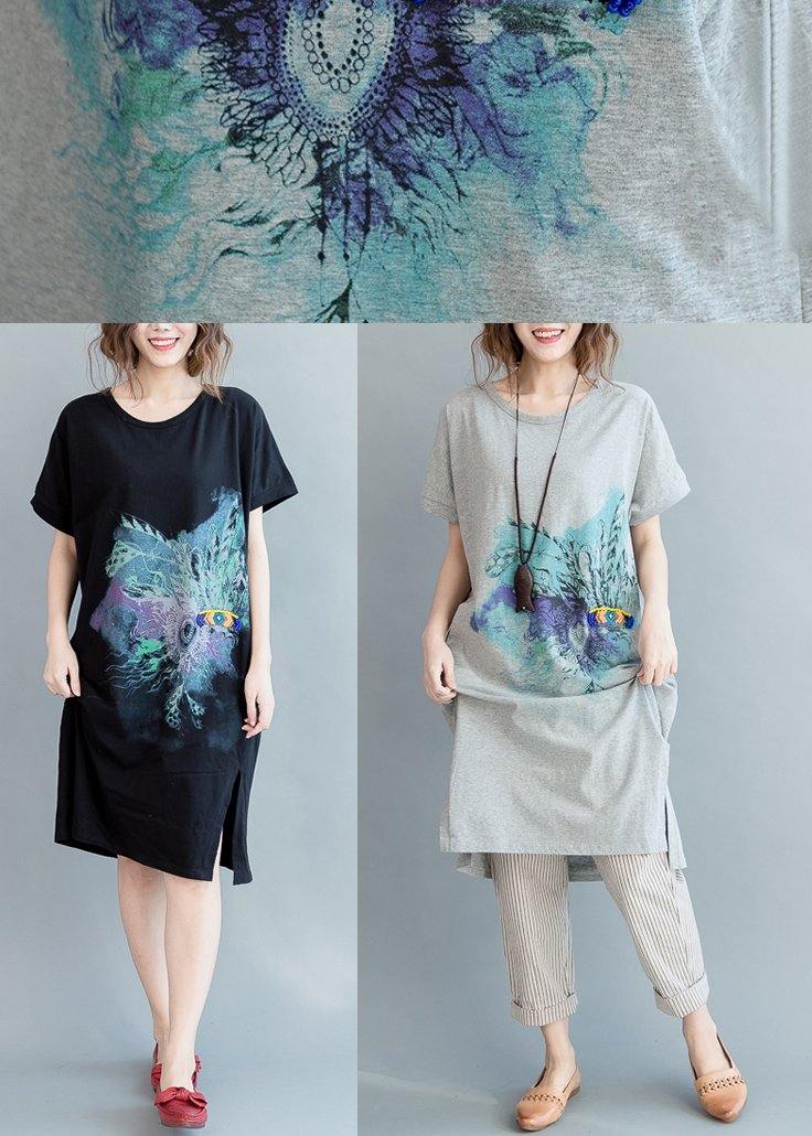 Organic Grey Print Cotton Side Open Summer Vacation Dresses