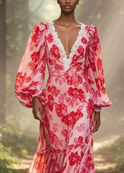 Red V Neck Print Ruffled Chiffon Long Dress Spring