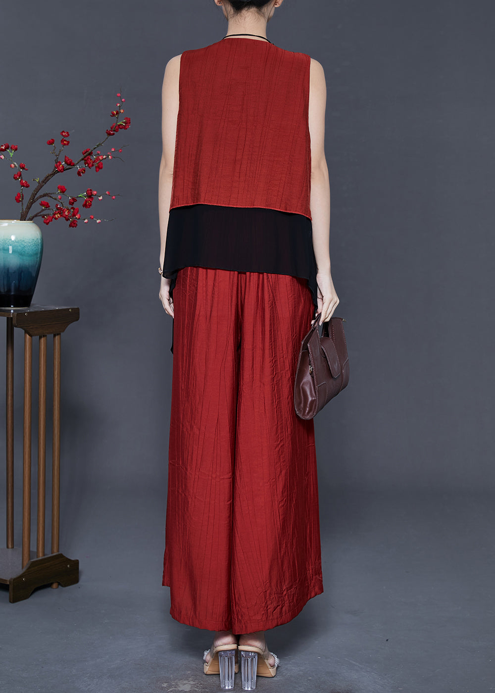 Red Patchwork Linen Two Piece Set Clothing Summer