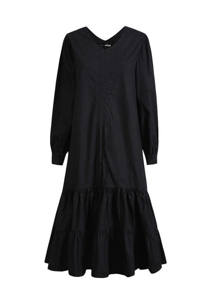 Handmade Black V Neck Patchwork Ruffles Drawstring Fall Maxi Dresses Long Sleeve