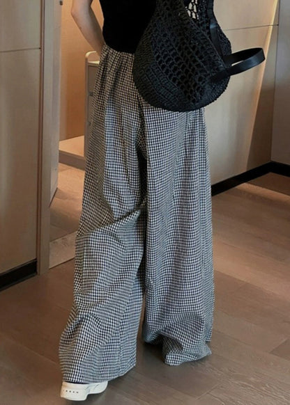 Black Plaid Pockets Elastic Waist Wide Leg Pants