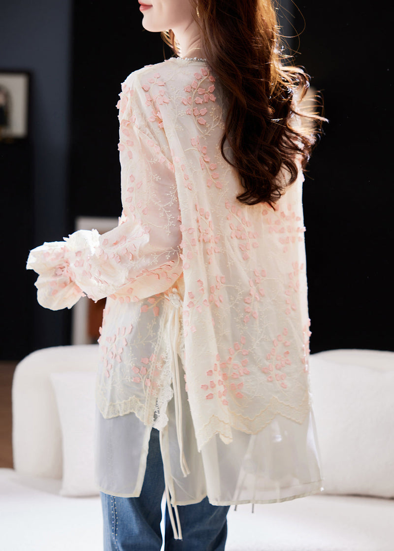 Fitted Pink O Neck Embroidered Patchwork Chiffon Tops Spring