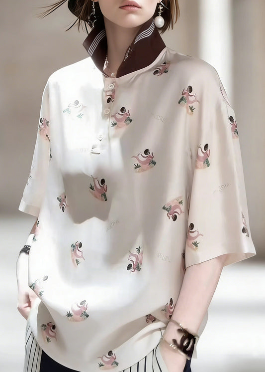 Peter Pan Collar Print Patchwork Silk Shirts Half Sleeve