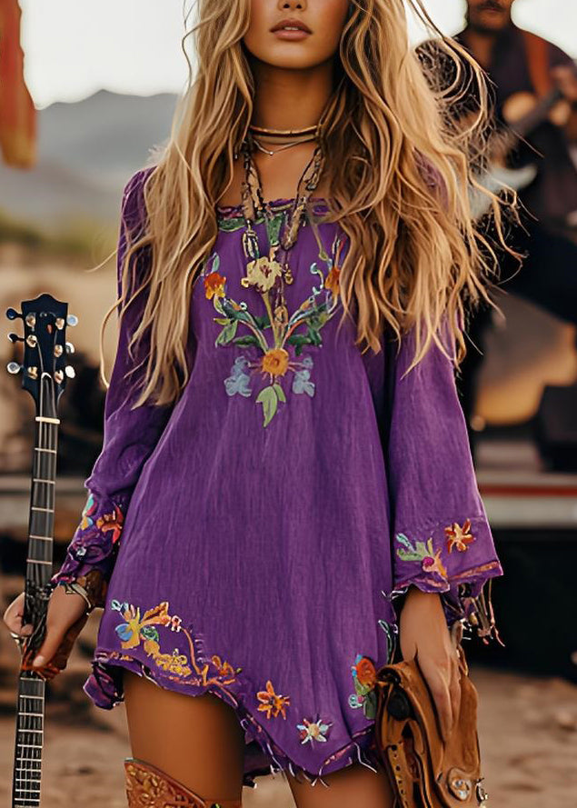 Purple Print Cotton Mid Dresses Long Sleeve