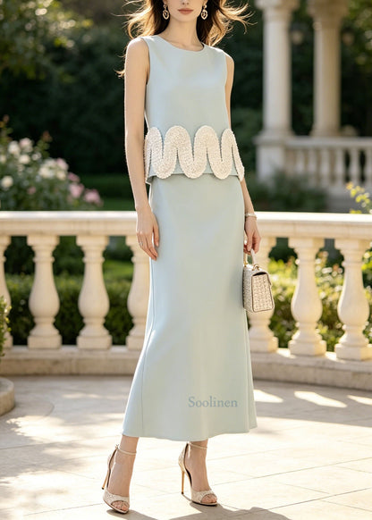 Boutique Light Green O Neck Decorated Spandex 2 Piece Outfit Sleeveless