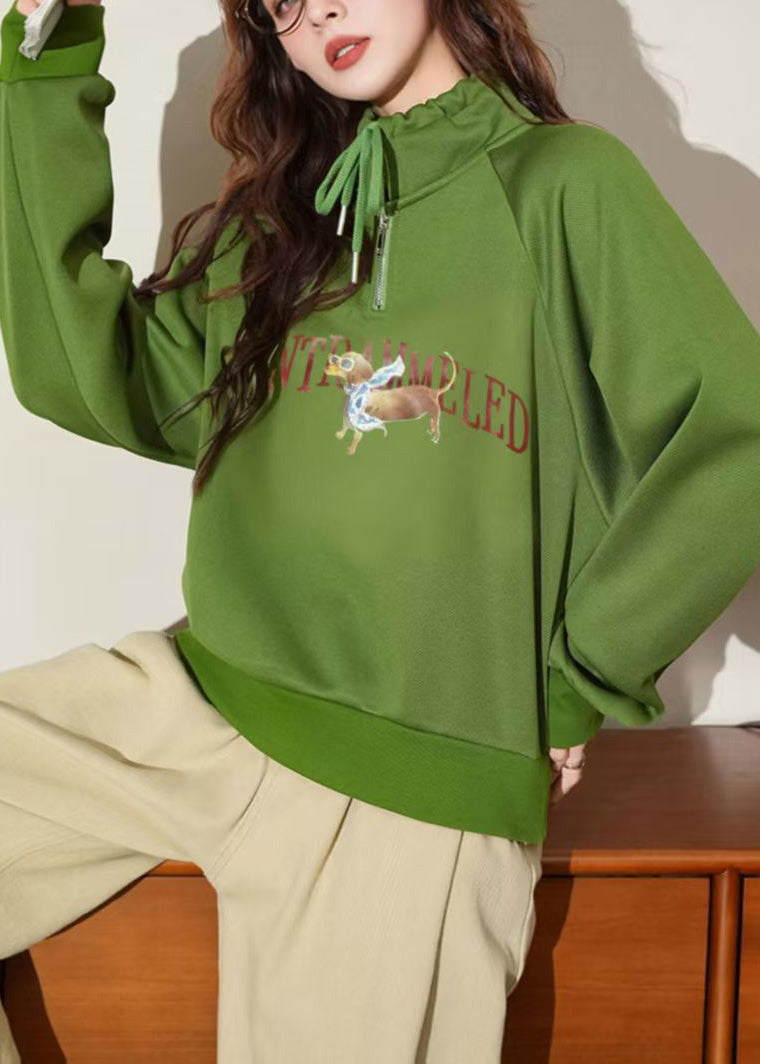 Green Hooded Print Warm Fleece Pullover Winter